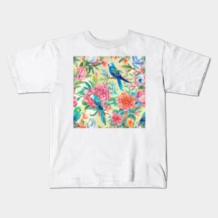 Flowers and Budgies on yellow watercolor painting Kids T-Shirt